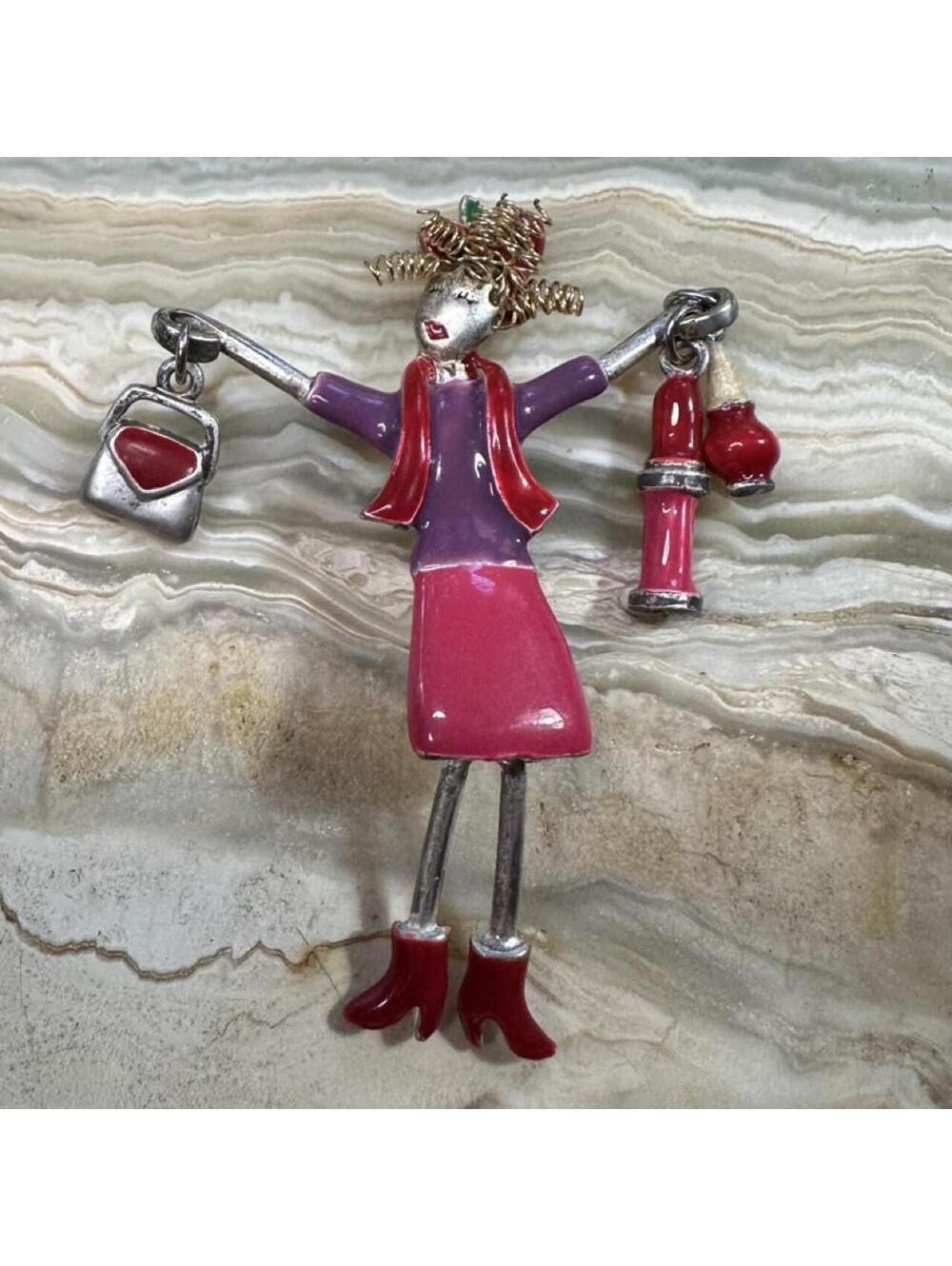 Shopping Lady Brooch Pink Purple Enamel & Dangling Charms